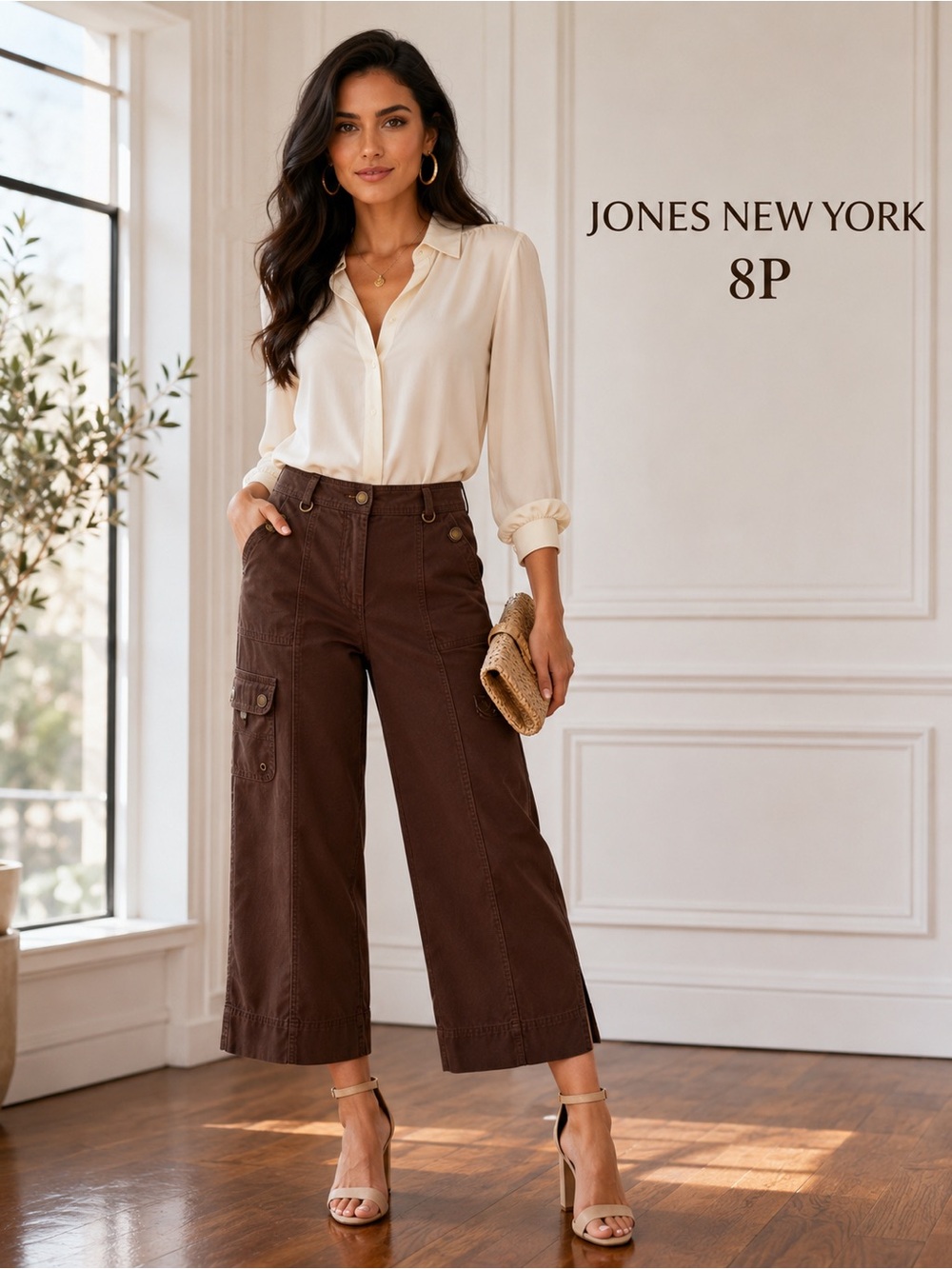 Jones New York Signature Petite Brown Cargo Cropped Pants 8P Cotton